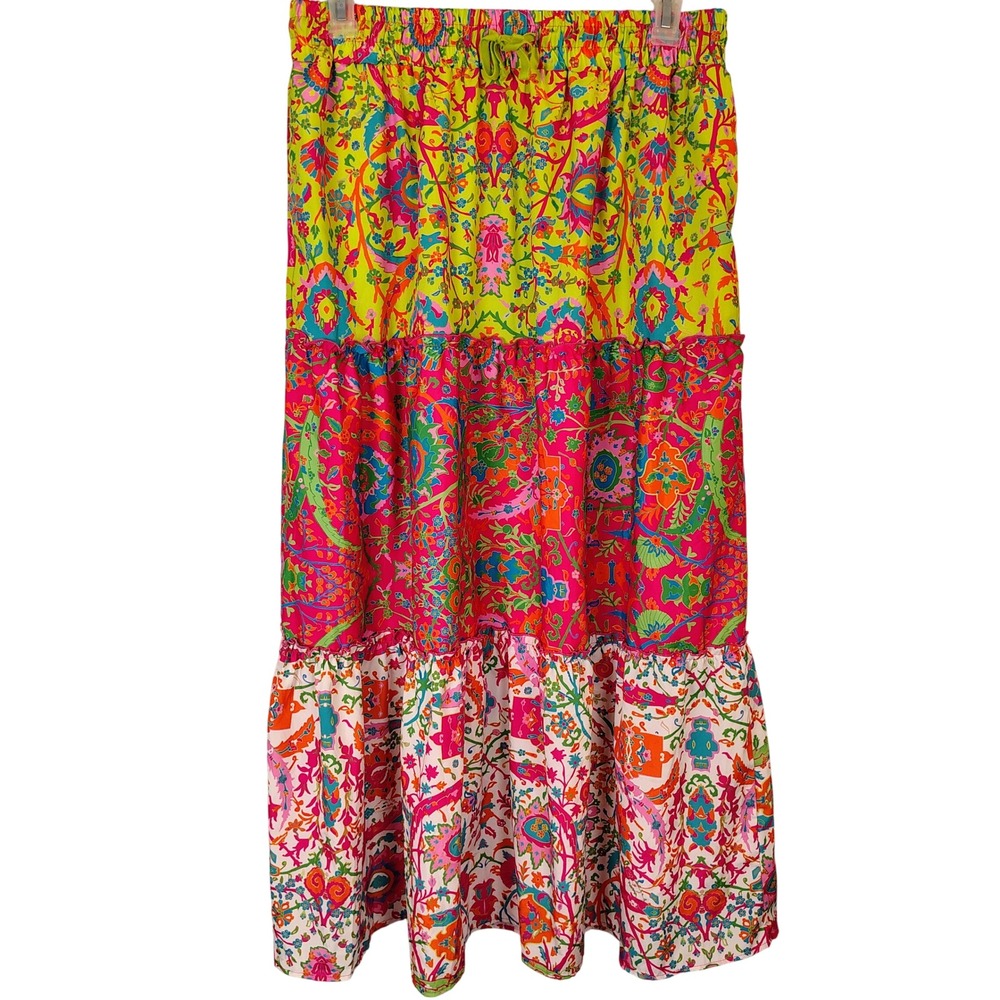 Multicolor Floral Paisley Tiered Maxi Skirt XXL Elastic Waist Pockets Boho